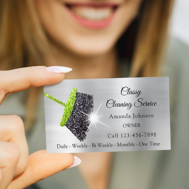 Cartão De Visita Serviços de Limpeza Clássica Cinza Silver Mint Gli (Classy Cleaning Services Silver Mint Glitter Gray Business Card)