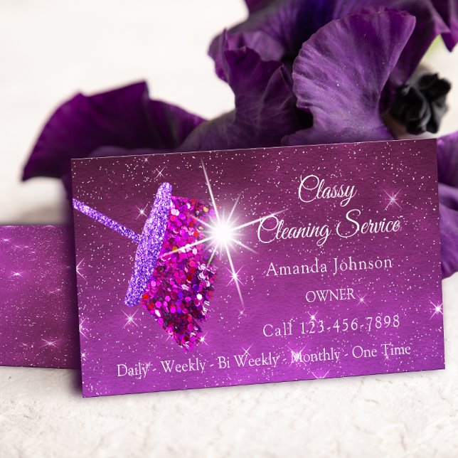 Cartão De Visita Serviços de Limpeza Clássica, Glitter Púrpura Rosa (Classy Cleaning Services Pink Purple Glitter Maid Business Card)