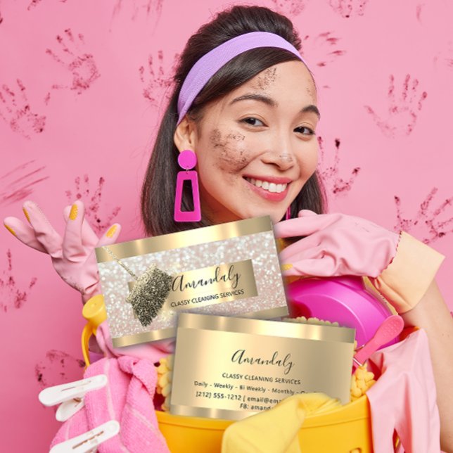 Cartão De Visita Serviços De Limpeza Da Casa De Glitter Dourado (Cleaning Services Maid House Keeping Gold Glitter Business Card)