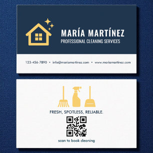 Cartão De Visita Serviços de Limpeza de Casa com Código QR Azul e D