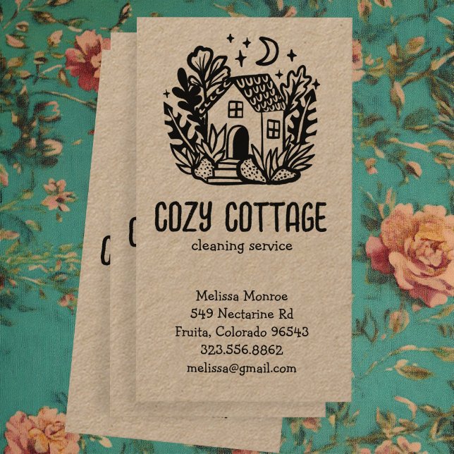 Cartão De Visita Serviços de Limpeza de Casa Fofos (House Cleaning Services Cute Home Hand Drawn Kraft Business Card
)