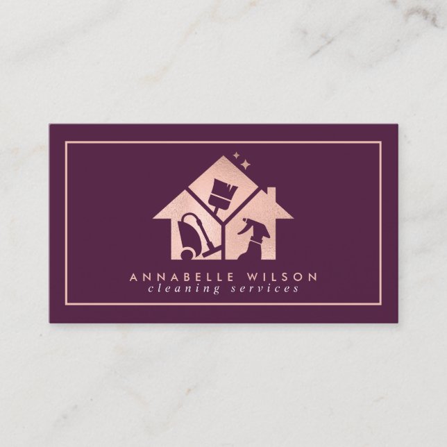 Cartão De Visita Serviços de Limpeza de Casa rosa Dourada (Frente)