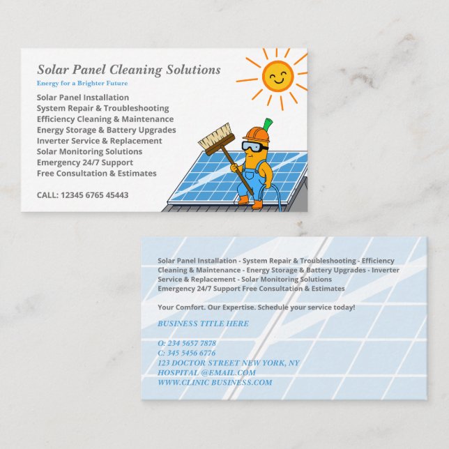 Cartão De Visita Serviços de Limpeza de Painel Solar (Frente/Verso)