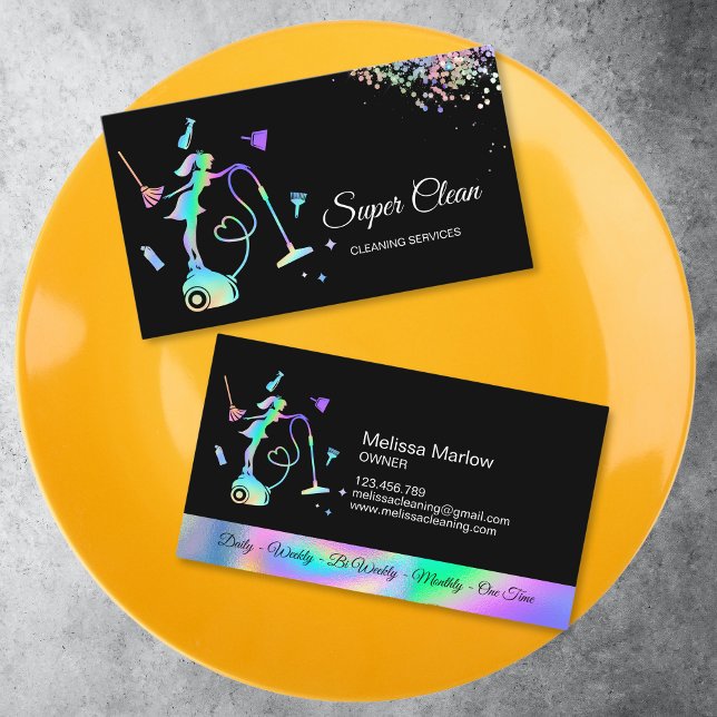 Cartão De Visita Serviços de limpeza de Rosa (holographic maid on the vacuum cleaner surrounded with cleaning tools)