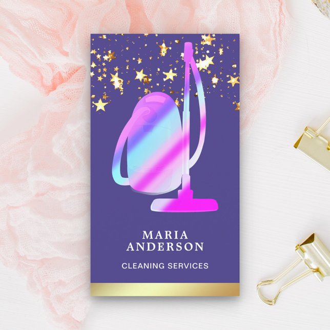 Cartão De Visita Serviços De Limpeza De Vácuo Roxo De Folha De Ouro (Criador carregado)