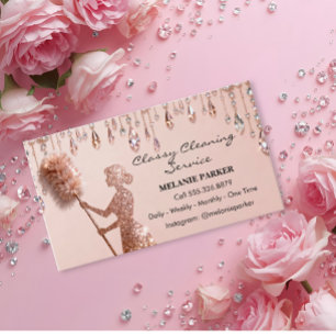 Cartão De Visita Serviços de Limpeza Elegantes com Brilho em Rosa D