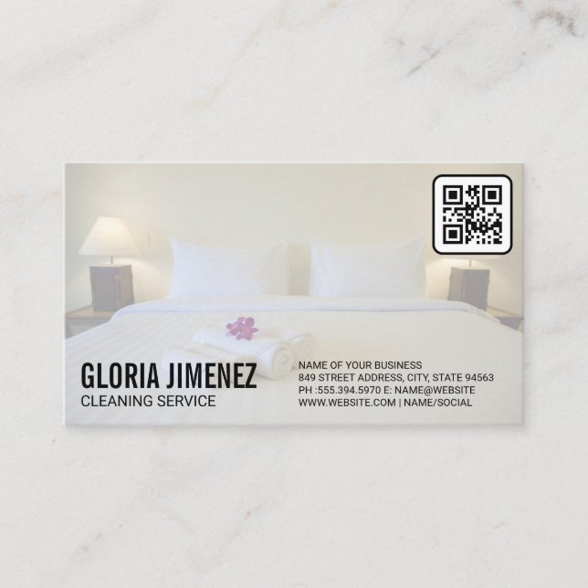 Cartão De Visita Serviços de Limpeza | Hotel Bedroom | Código QR (Frente)