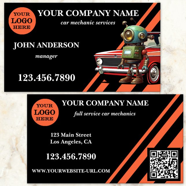 Cartão De Visita Serviços de mecânica de automóveis profissionais (Car mechanic repair business card showing an eye-catching design in black and orange - with QR code)