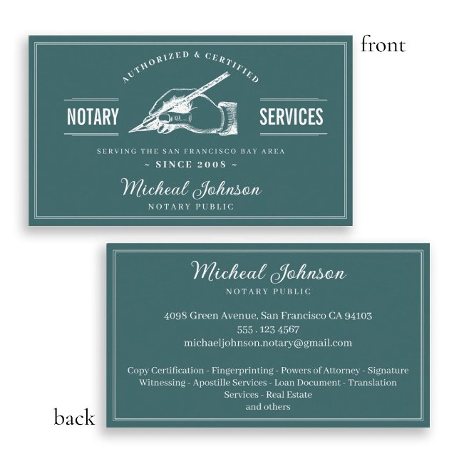 Cartão De Visita Serviços de Notícias Personalizados de Teal Profis (Vintage Notary Services Professional Teal Custom Business Card)