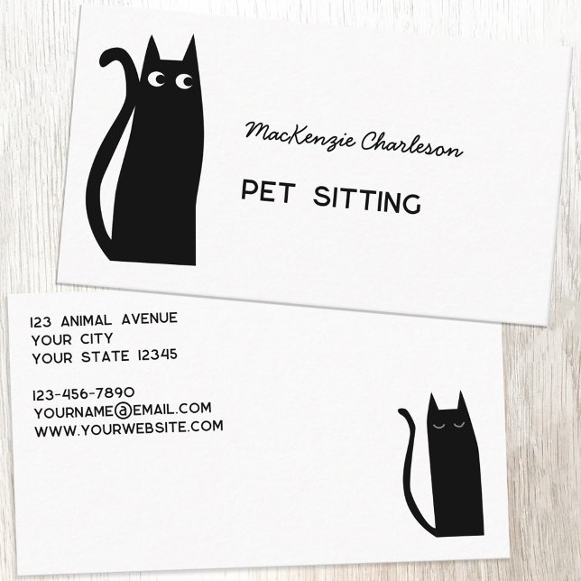 Cartão De Visita Serviços de Pet de Cat Negra (Black cat pet sitting feeding animal services custom text business cards)
