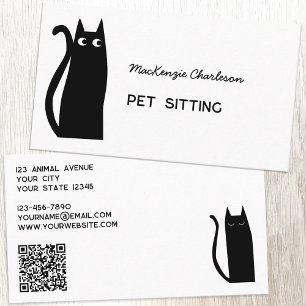 Cartão De Visita Serviços de Pet de Código QR de Cat Preto