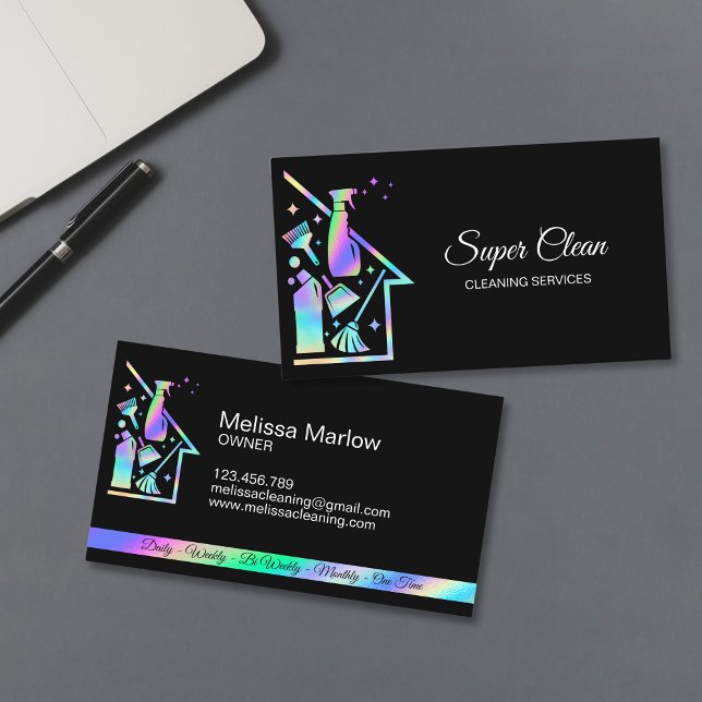 Cartão De Visita Serviços de Vigilância da Casa de Limpeza Profissi (holographic foil cleaning utensils business card)