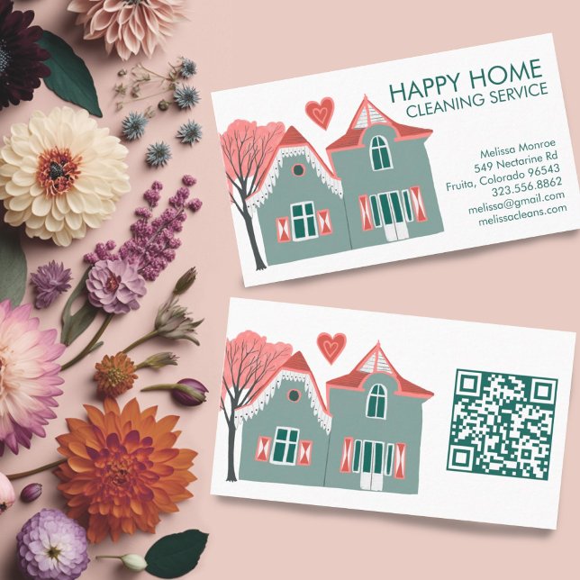 Cartão De Visita Serviços domésticos de limpeza de casas - Código Q (Cute house illustration cleaning services business card with custom QR code)