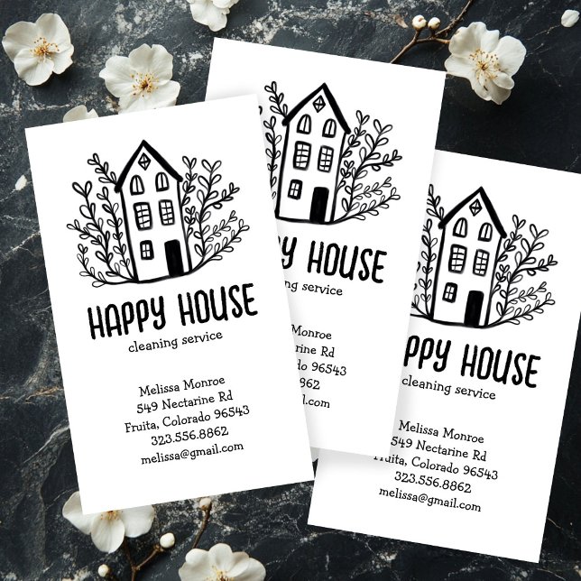 Cartão De Visita Serviços domésticos de limpeza de casas Encantando (House Cleaning Home Services Charming Hand Drawn Business Card
)