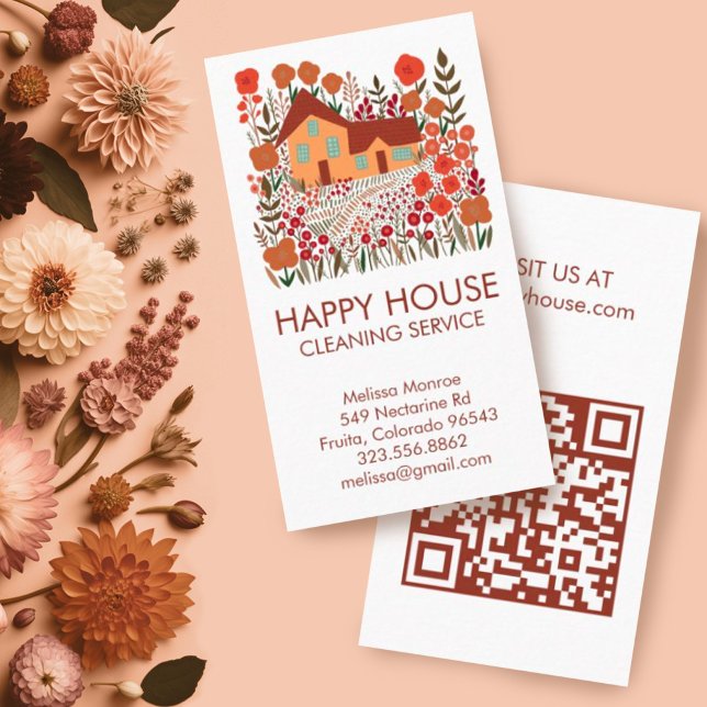 Cartão De Visita Serviços domésticos de limpeza de casas Floral Far (Cute farmhouse and floral design on these custom business cards perfect for house cleaning business)