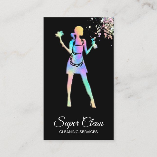 Cartão De Visita Serviços Holográficos de Limpeza de Maid Ocupados (Frente)