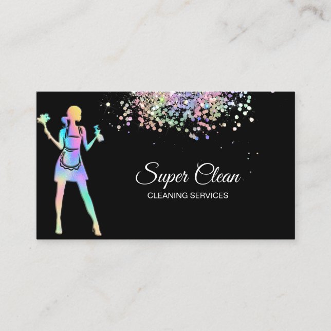 Cartão De Visita Serviços Holográficos de Limpeza de Maid Ocupados (Frente)