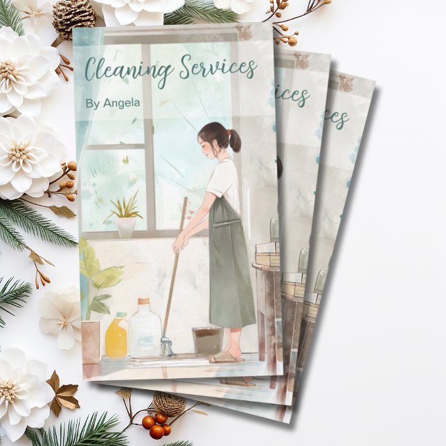 Cartão De Visita Serviços Ilustrados De Limpeza De Maid Por Aquarel (Criador carregado)