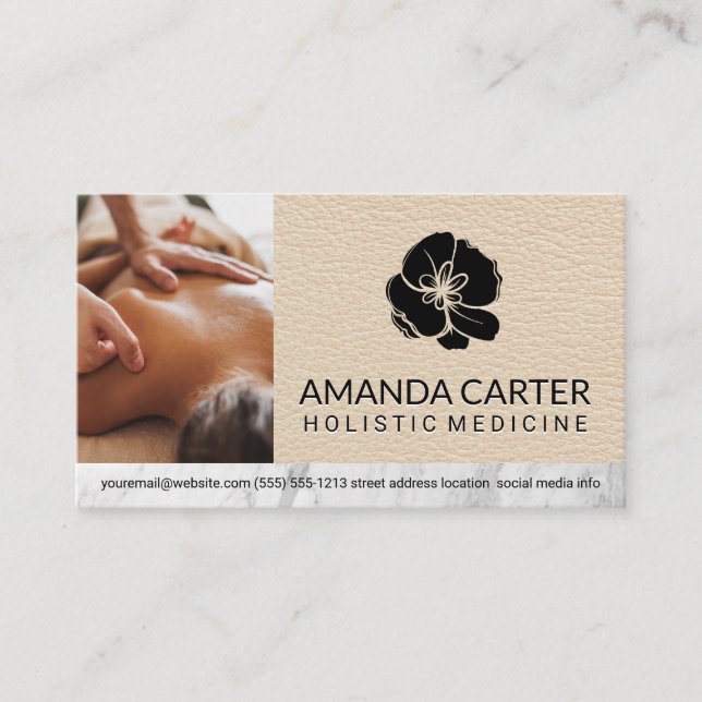 Cartão De Visita Sessão Terapista de Massagem | Couro | Ícone Flor (Frente)
