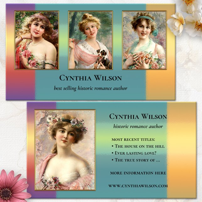 Cartão De Visita Seu Cobrir de Livro de Autores de Fotos Romance (Historic romance fiction novelist author book writer photo business card colorful portraits)