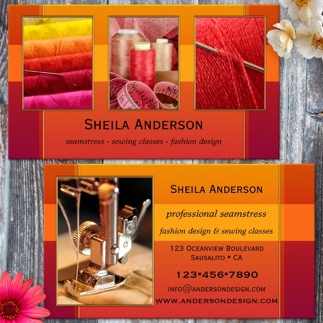 Cartão De Visita Seu Design de Moda de 4 Fotos Seamstress Sewing (Bold colored business card with  custom photos for a seamstress, fashion designer, tailor, crafter)
