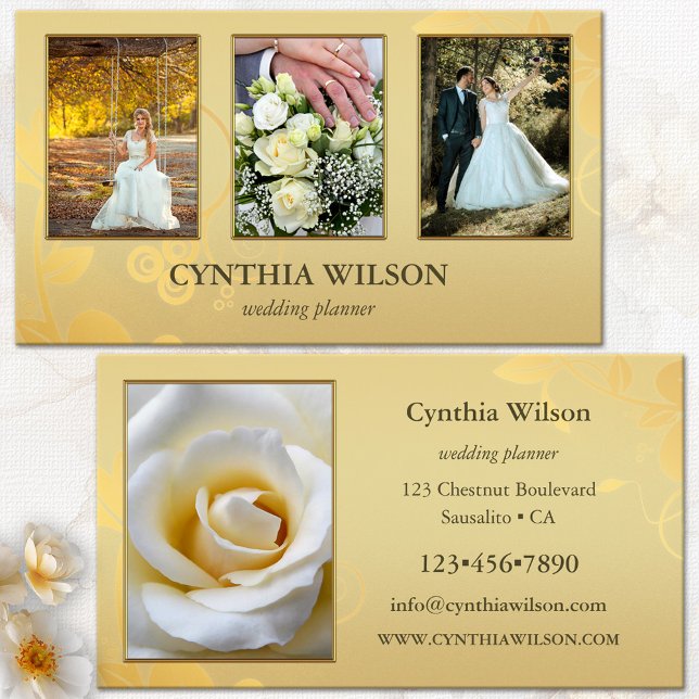 Cartão De Visita Seu Planeador Dourado Elegante de Casamentos (Wedding planner business card featuring 4 custom photos framed by an elegant floral gold design)