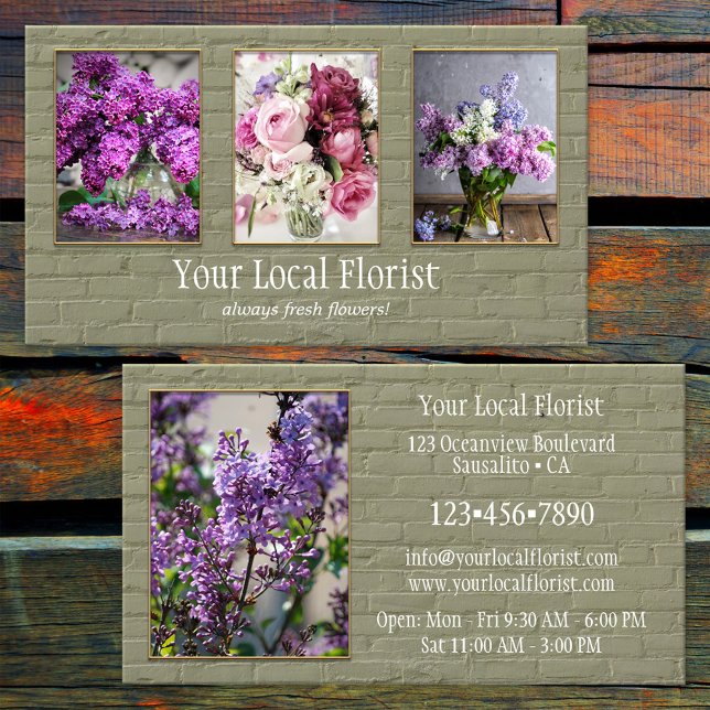 Cartão De Visita Seu portfólio florista de muro verde de tijolos 4  (Business card featuring your own custom photos framed by a green brick wall - florist - gardener)