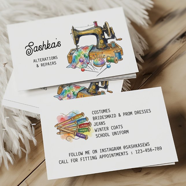 Cartão De Visita Sewing Alterations & Repairs Colorful Eclectic (Sewing Business Card with Colorful Vintage Sewing Machine)