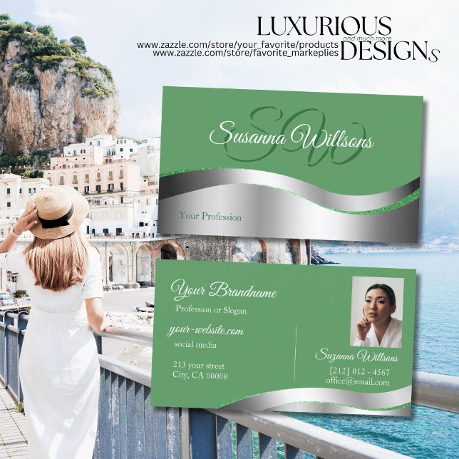 Cartão De Visita Shamrock Green Wavy Silver Decor Iniciais Foto (Criador carregado)