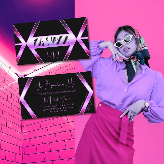 Cartão De Visita Shimmer Puro, Geométrico, Preto, Rosa, com Monogra (Criador carregado)