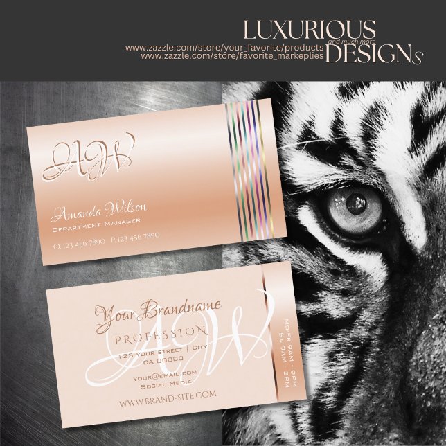 Cartão De Visita Shimmer Rosa de Pastel Elegante Stripes Monograma (Criador carregado)