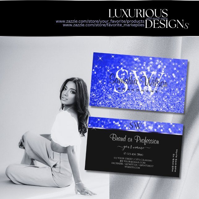 Cartão De Visita Shimmery Royal Blue Glitter Sparkle Stars Monogram (Criador carregado)