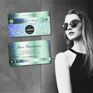 Cartão De Visita Shimmery Teal Blue Glitter Sparkle Stars com Logot