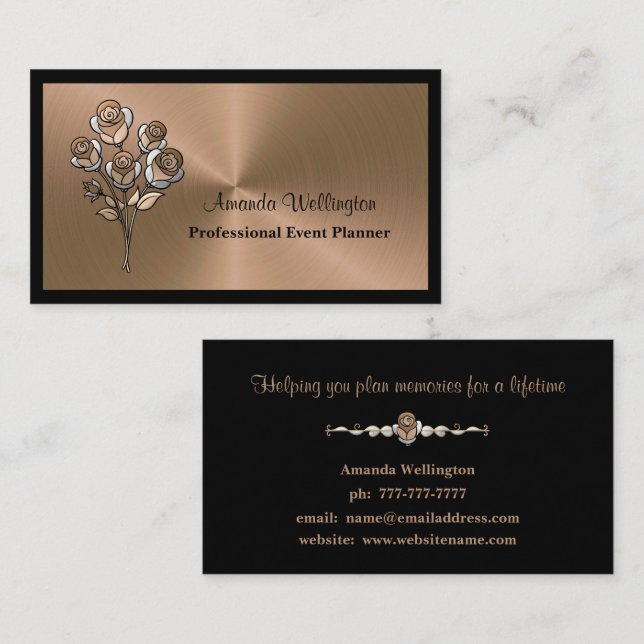 Cartão De Visita Shiny Copper Floral Event Planner Business Card (Frente/Verso)