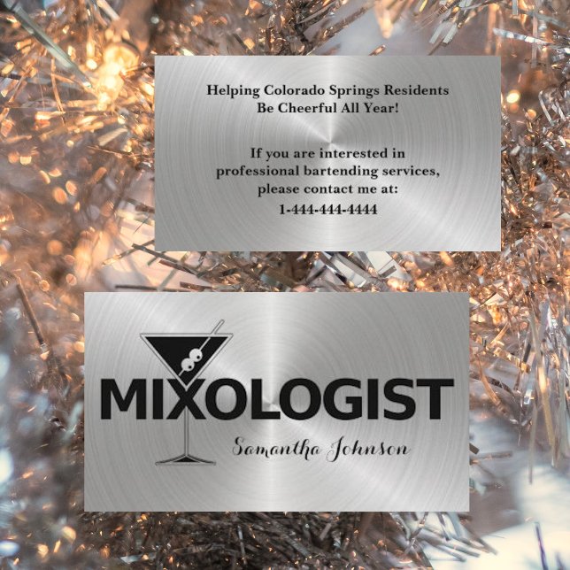 Cartão De Visita Shiny Silver & Black Event Bartender Business Card (Criador carregado)