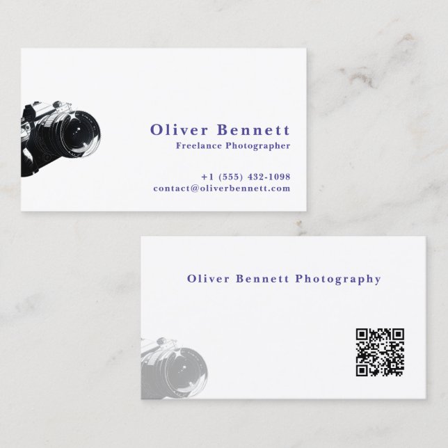 Cartão De Visita Side-cut Design Camera Photographer QR Code  (Frente/Verso)