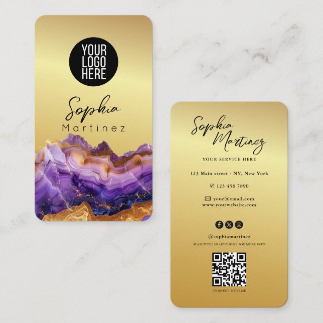 Cartão De Visita Signature Purple Agate gold marble & QR Code Logo (Frente/Verso)