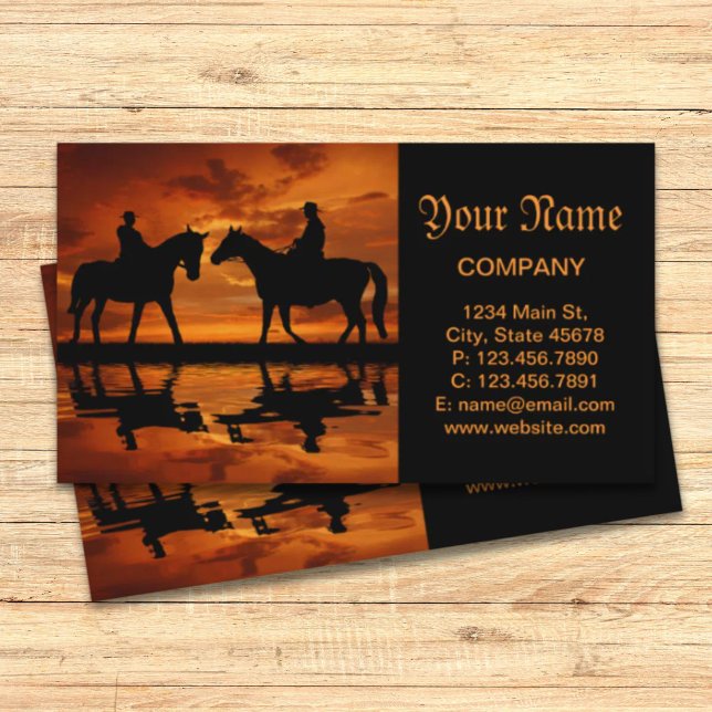 Cartão De Visita Silhub de cowboy escalador do Sunset Ocidental (Western Sunset Horseback Riding cowboy silhouette Business Card)