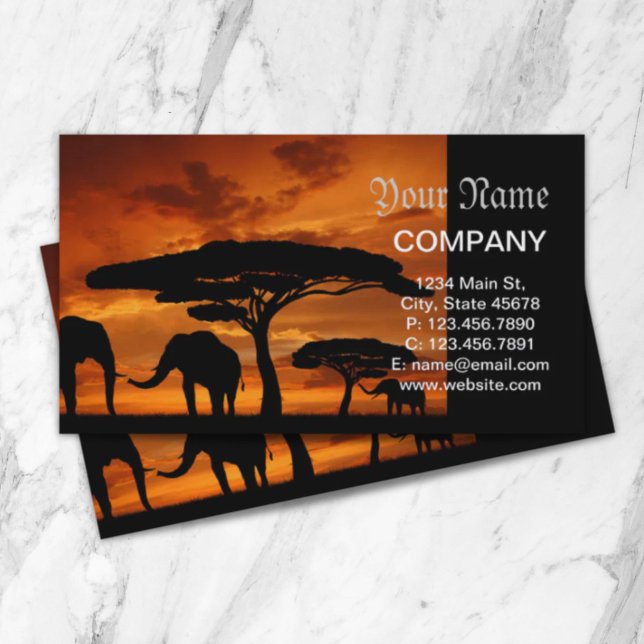 Cartão De Visita Silhueta de elefante do Baobá africano Safari (Safari African Baobab tree elephant silhouette Business Card)