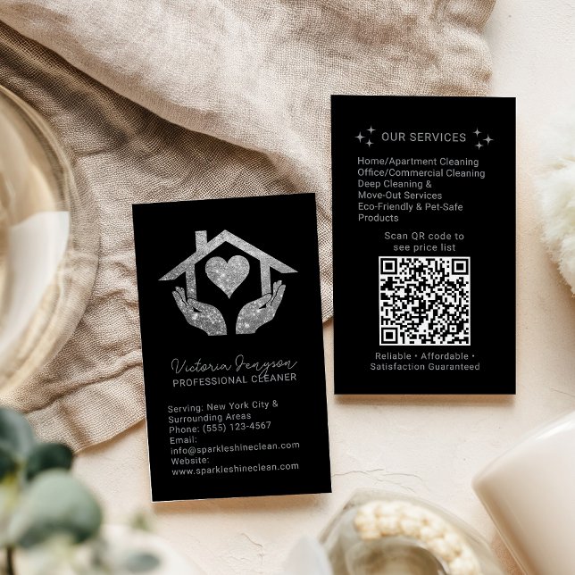 Cartão De Visita Silver Black Cleaning Service Maid QR Code Logo (Silver Black Cleaning Service Maid QR Code Logo Business Card
)