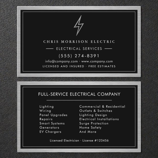 Cartão De Visita Silver & Black Electrical Services Electrician (Criador carregado)
