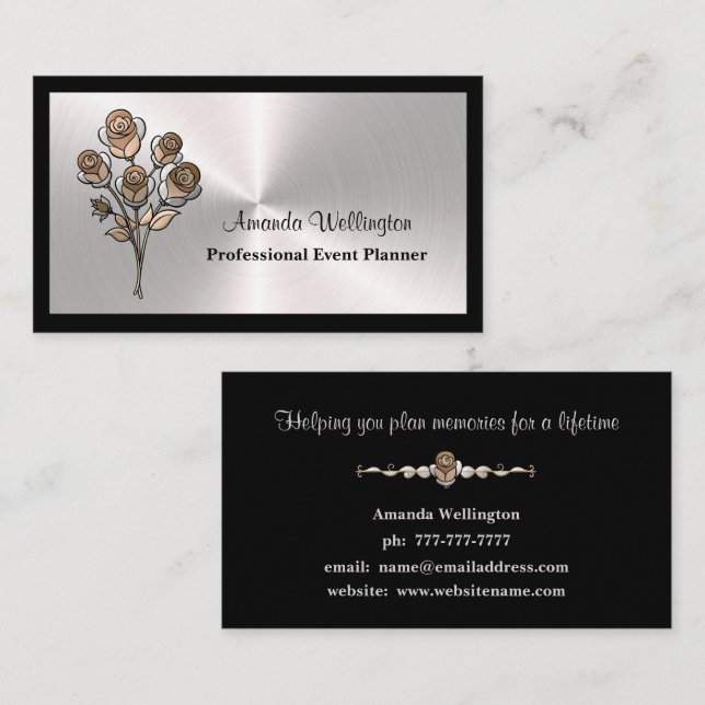 Cartão De Visita Silver & Black Floral Event Planner Business Card (Frente/Verso)