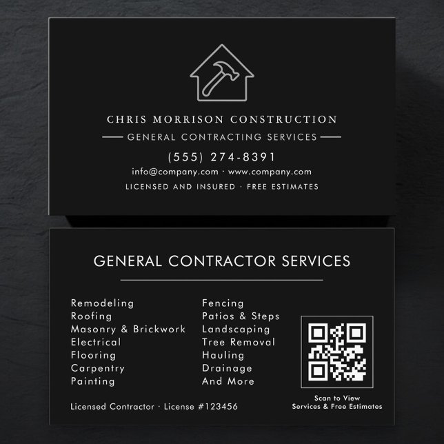 Cartão De Visita Silver Black General Contractor QR Code (Criador carregado)