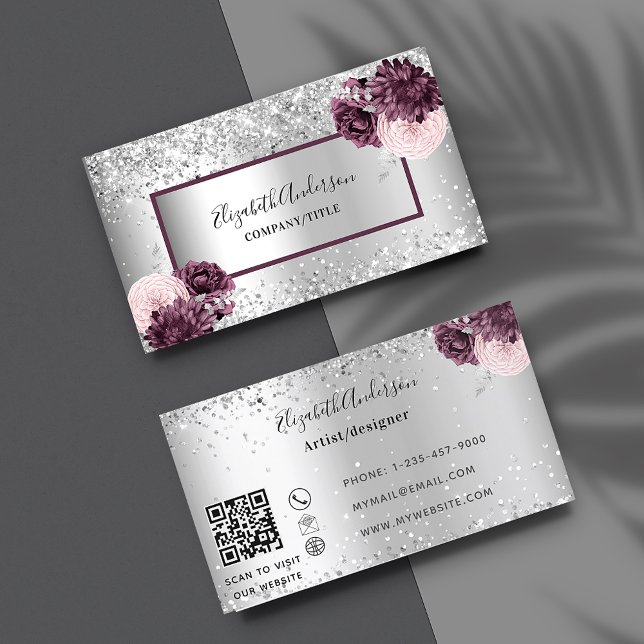 Cartão De Visita Silver burgundy florals elegante código QR (Criador carregado)