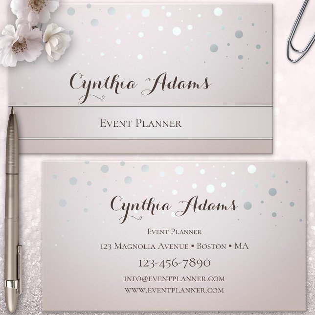 Cartão De Visita Silver Confetti Event Planner Business Card (Event planner business card featuring chic sparkling silver confetti on a blush pink background)