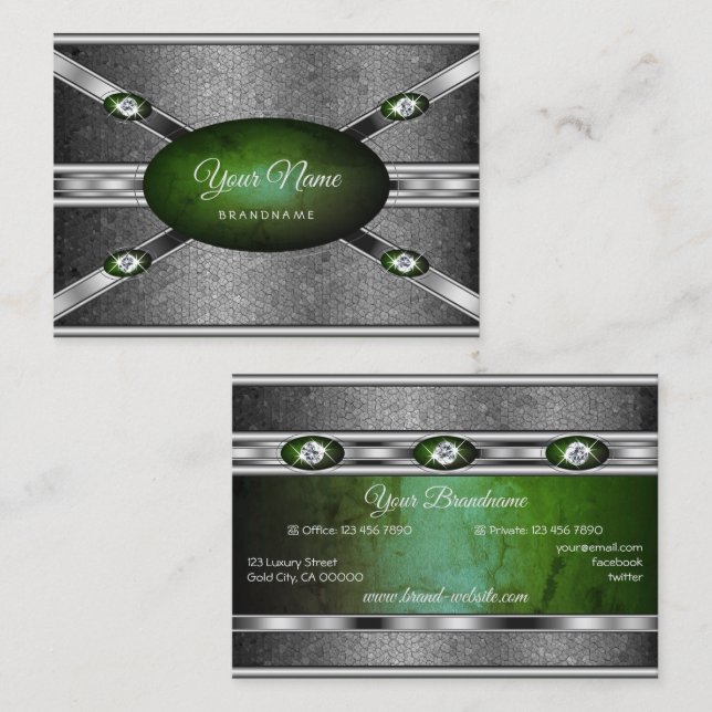 Cartão De Visita Silver Effects Green Marble com Gemstones Faux (Frente/Verso)