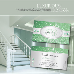 Cartão De Visita Silver Emerald Green Glitter Rhinestones Monograma
