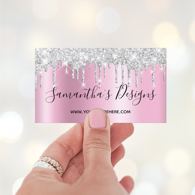 Cartão De Visita Silver Glitter Drives Mauve Pink Ombre Online Stor (Digital Art Dripping Glitter Business Cards for Her)