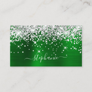 Cartão De Visita Silver Glitter Green Foil Girly Signature
