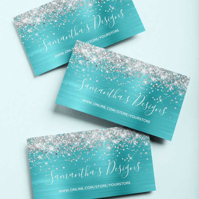 Cartão De Visita Silver Glitter Turquoise Azul Folha Online (Glittery Art Business Cards)